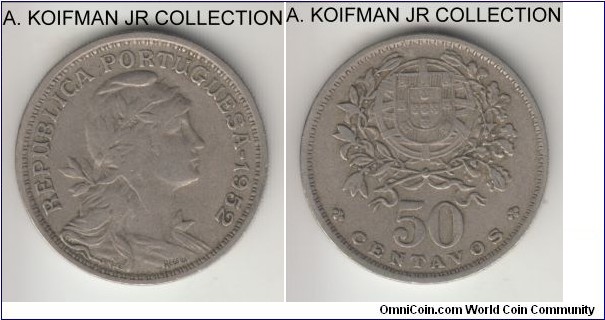 KM-577, 1952 Portugal 50 centavos; copper-nickel, reeded edge; very fine or so.