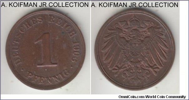 KM-10, 1903 Germany (Empire) pfennig, Berlin mint (A mint mark); copper, plain edge; Wilhelm II, brown good extra fine - reverse is uncirculated or almost with strong shield within the eagle, but obverse has partially weak lettering.