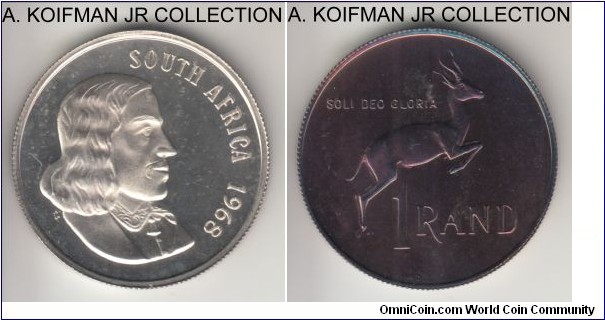 KM-71.1, 1968 South Africa (Republic) rand; proof, silver, reeded edge; English legend SOUTH AFRICA, Jan van Riebeeck, mintage 25,000 as part of the proof set, obverse is bright and cameo appearance, reverse is beautiful multihued toning.