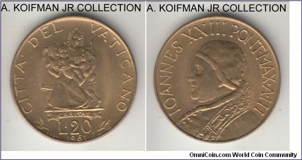 KM-62.2, 1961 Vatican 20 lire; aluminum-bronze, reeded edge; Year III of Pope John XXIII, mintage 50,000, nice uncirculated.