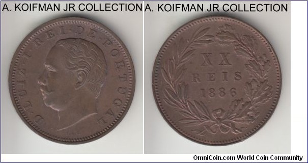 KM-527, 1886 Portugal 20 reis; bronze, plain edge; Luiz I, key to the type and nice brown uncirculated, with a bit of luster still showing.