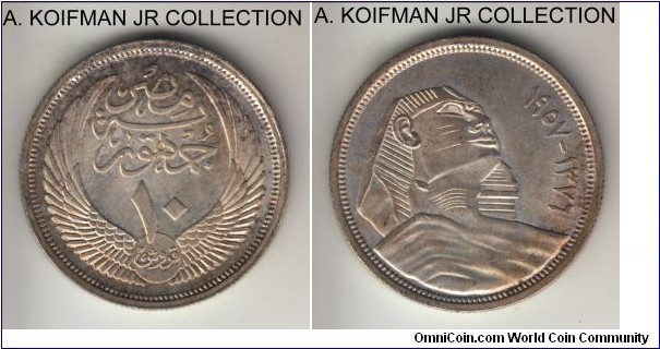 KM-383a, AH1376(1957) Egypt 10 piastres; silver, reeded edge; circulation coinage with Sphinx, toned uncirculated.
