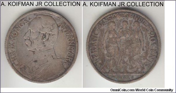 KM-79, 1905 Danish West indies 20 cents / franc; silver, reeded edge; Christian IX, 1-year type with small mintage of 150,000, good fine obverse and almost very fine toned reverse.