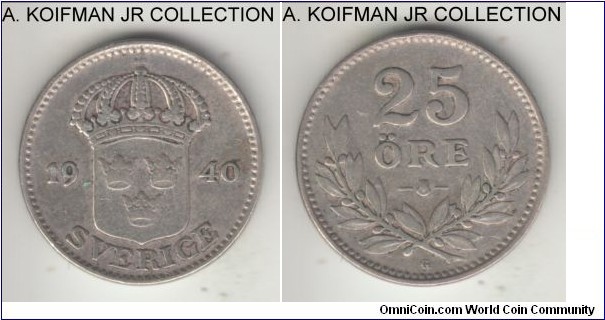 KM-785, 1940 Sweden 25 ore; silver, plain edge; Gustaf V, average circulated.