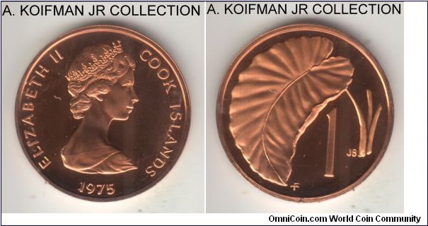 KM-1, 1975 Cook Islands cent, Franklin Mint (US, mint mark in monogram); proof, bronze, plain edge; Elizabeth II, taro leaf, brilliant deep cameo proof from set, mintage 21,000.