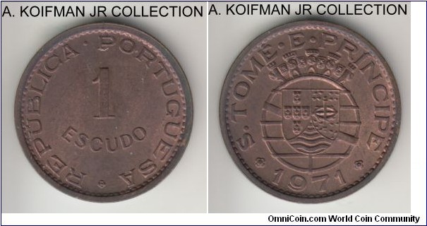 KM-18, 1971 San Thomas and Prince escudo; bronze, plain edge; late Portuguese colonial period, 2-year type, nice mostly brown choice uncirculated.