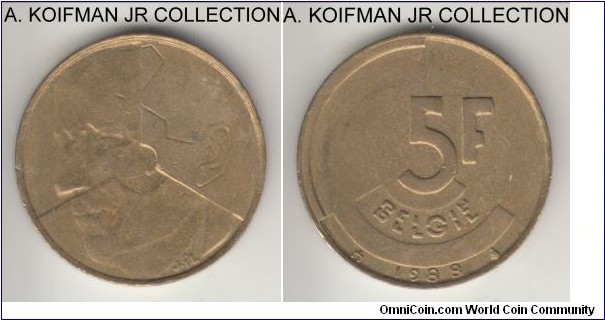 KM-164, 1988 Belgium 5 francs; aluminum-bronze, plain edge, Dutch (Flemish) variety BELGIE, average circulated.