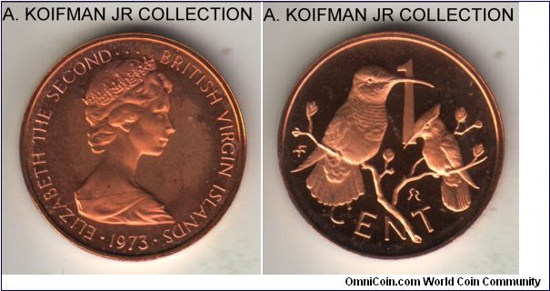 KM-1, 1973 British Virgin Islands cent, Franklin mint (USA, mint mark in monogram); proof, bronze, plain edge; Elizabeth II, mintage 181,000 in sets, lightly hazed deep cameo.