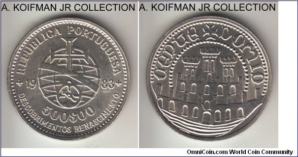 KM-620, 1983 Portugal 500 escudos; silver, reeded edge; XVII European Art Exhibition commemorative, average uncirculated.