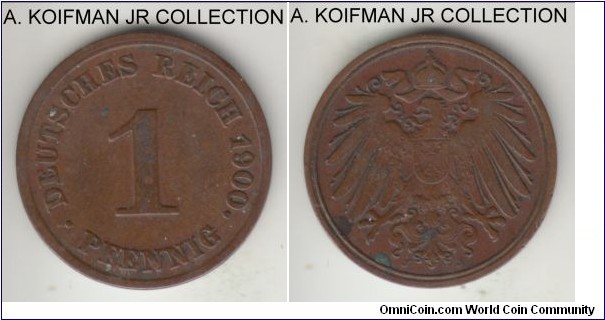 KM-10, 1900 Germany (Empire) pfennig, Hamburg mint (J mint mark); copper, plain edge; Wilhelm II, good very fine, couple of reverse spots.