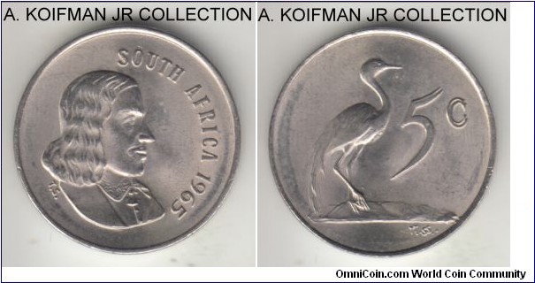 KM-67.1, 1965 South Africa (Republic) 5 cents; nickel, plain edge; English legend SOUTH AFRICA, Van der Riebeeck and blue crane, first year of independent Republic coinage and common, partially doubled denomination, bright average uncirculated.