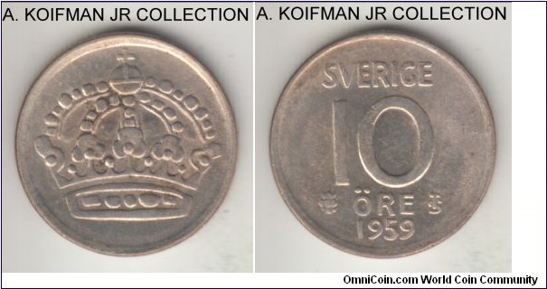 KM-823, 1959 Sweden 10 ore; silver, plain edge; Gustaf VI, common lower silver issue, decent uncirculated, some reverse toning.