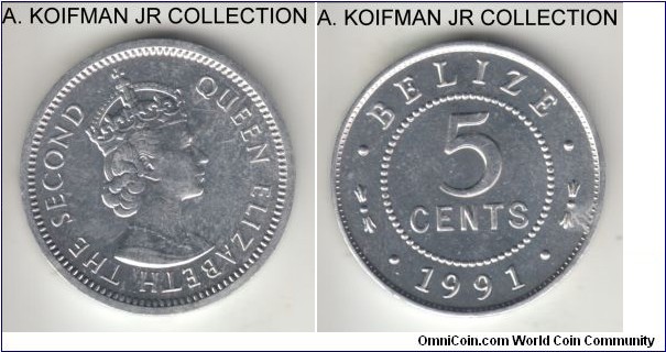 KM-34a, 1991 Belize 5 cents; aluminum, plain edge; Elizabeth II, average uncirculated, small reverse spot.
