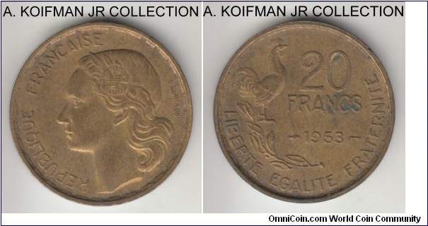 KM-917.1, 1953 France 20 francs; aluminum-bronze, plain edge; 4 plums on the rooster, good extra fine.