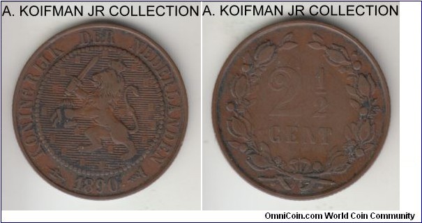 KM-108, 1890 Netherlands 2 1/2 cents; bronze, reeded edge; Williem III, halberd privy mark, 3-year type, good fine to about very fine.