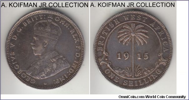 KM-12, 1915 British West Africa shilling, Heaton mint (H mint mark); silver, reeded edge; George V, key year of the type, small mintage of 254,000, good extra fine, cleaned and retoning.