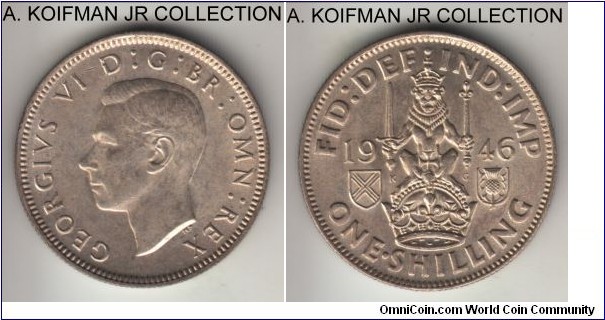 KM-854, 1946 Great Britain shilling; silver, reeded edge; George VI, Scottish crest, last year of silver circulation coinage, nice lustrous uncirculated.