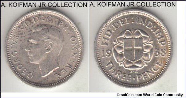 KM-848, 1938 Great Britain 3 pence; silver, plain edge; George VI, St. George shield on Tudor rose, WWII issue, uncirculated, toned in places.
