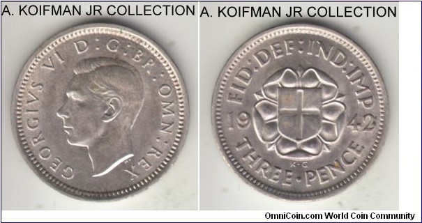KM-848, 1942 Great Britain 3 pence; silver, plain edge; George VI, St. George shield on Tudor rose, issued for West Indies use, uncirculated.