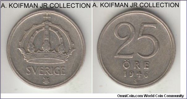 KM-816, 1946 Sweden 25 ore; silver, plain edge; Gustaf V, regular 6 variety, good very fine to extra fine.