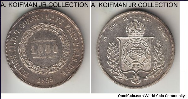 KM-465, 1854 Brazil (Empire) 1000 reis; silver, reeded edge; Pedro II, almost uncirculated details, probably cleaned in the past.