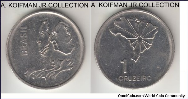 KM-582, 1972 cruzeiro; nickel, lettered edge; 1-year circulation commemorative celebrating 150'th anniversary of Independence, extra fine or almost.