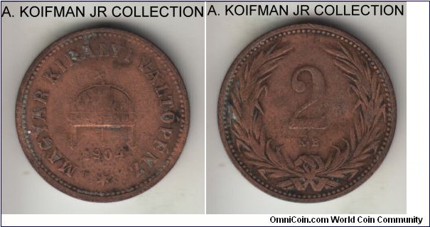KM-481, 1904 Hungary (Austro-Hungarian Empire) 2 filler; bronze, plain edge; Franz Joseph I, somewhat scarcer year, very good, cleaned and spots.