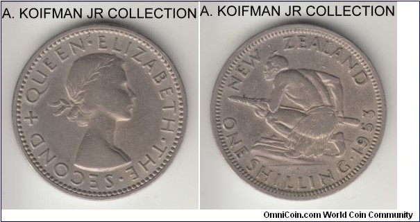 KM-27.1, 1953 New Zealand shilling; copper-nickel, reeded edge; Elizabeth II, 1-year type, very fine details, cleaned.