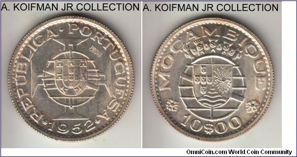 KM-Pr28, 1952 Portuguese Mozambique (Colony) 10 escudo; prova, silver, reeded edge; bright uncirculated, small area of light obverse toning.
