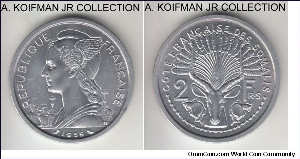 KM-9, 1959 French Somaliland 2 francs; aluminum, plain edge; common 2-year issue, bright uncirculated.