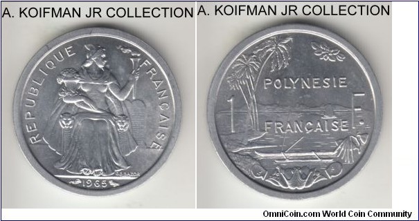 KM-2, 1965 French Polynesia franc, Paris mint; aluminum, plain edge; French overseas territory, one year type and quite common, bright white uncirculated.