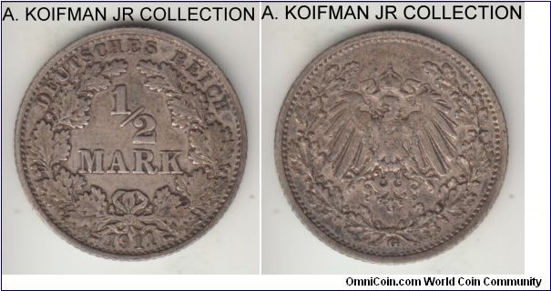 KM-17, 1911 Germany (Empire) 1/2 mark, Karlsruhe (G mint mark); silver, reeded edge; Wilhelm II, smaller mintage year/mint, toned very fine.