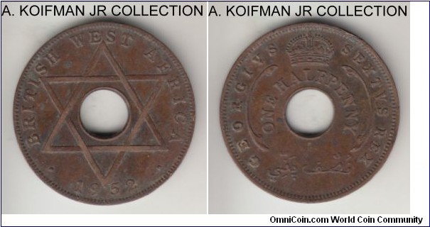 KM-27a, 1952 British West Africa half penny, Heaton mint (H mintmark); bronze, holed flan, plain edge; George VI last type and year, very fine or so details, dirty and grime.