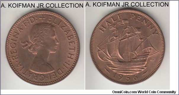 KM-896, 1956 Great Britain half penny; bronze, plain edge; Elizabeth II, Obv 3/Rev C variety, mostly red uncirculated.