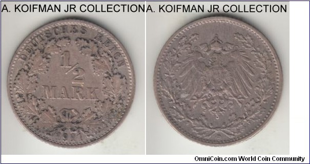 KM-17, 1911 Germany (Empire) 1/2 mark, Munich (D mint mark); silver, reeded edge; Wilhelm II, smaller mintage year/mint, a bit dirty and toned extra fine or almost.