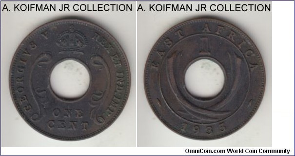 KM-22, 1935 East Africa cent; bronze, plain edge; George V, last year, dark brown extra fine details, but dirty and grimy.