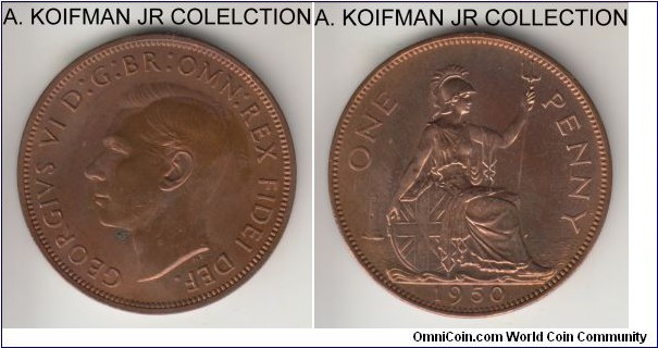KM-869, 1950 Great Britain penny; proof, bronze, plain edge; George VI, from one of 18,000 proof sets, mostly red uncirculated proof (scanner reflection makes it dark).