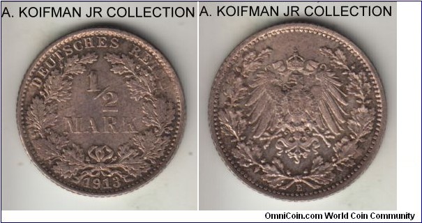 KM-17, 1913 Germany (Empire) 1/2 mark, Muldenhutten mint (E mint mark); silver, reeded edge; Wilhelm II, smaller mintage year/mint, lustrous uncirculated under light toning.