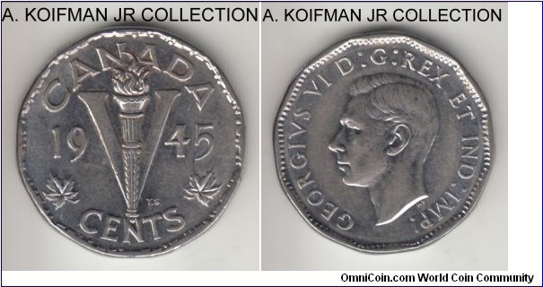 KM-30a, 1945 Canada 5 cents; chronium plated steel, dodecagonal (12-sided) flan, plain edge; George VI, Victory nickel, uncirculated or almost.