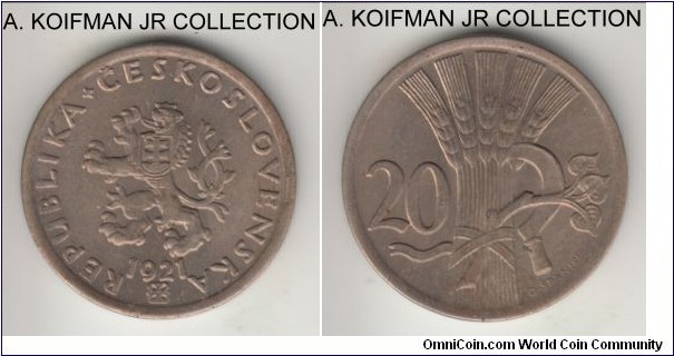 KM-1, 1922 Czechoslovakia 20 haleru; copper-nickel, plain edge; first Republican coinage, toned uncirculated.