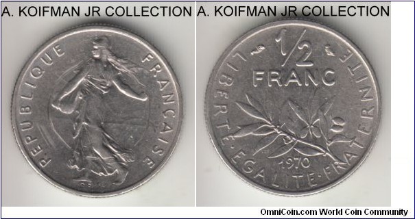 KM-931.1, 1970 France 1/2 franc, Paris mint; nickel, reeded edge; circulation strike, average uncirculated.