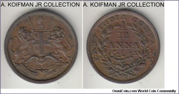 KM-445, 1835 British East India Company 1/12 anna, Bombay or Madras ; copper, plain edge; William VI period, brown uncirculated.