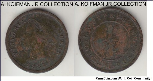 KM-1.1, 1887 Cyprus 1/4 piastre; bronze, plain edge; Vixtoria, mintage 59,760 (Numista) or 90,000 (Krause), dark brown fine or better details, some corrosion on both sides.