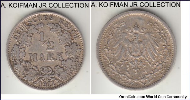 KM-17, 1911 Germany (Empire) 1/2 mark, Berlin (A mint mark); silver, reeded edge; Wilhelm II, good very fine.