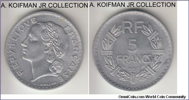 KM-888b.1, 1950 France 5 francs, Paris mint; aluminum, plain edge; post war issue, good uncirculated.