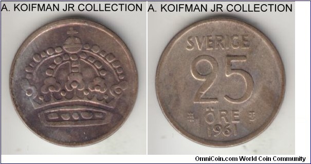 KM-824, 1961 Sweden 25 ore; silver, plain edge; Gustaf VI, last year of the type and small silver circulation coinage, almost uncirculated with some interesting obverse toning.