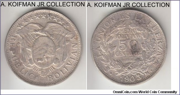 KM-175.1, 1903 Bolivia 50 centavos, Potosi mint (PTS in monogram), MM assayer; silver, reeded edge; appears to be 1903/2 (or other overlaying digit under 3) overdate variety, extra fine or so for the type which is typically weakly and poorly struck, reverse dark toning spot.