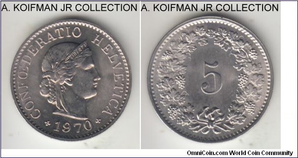 KM-26, 1970 Switzerland 5 rappen; copper-nickel, plain edge; modern circulation coinage, bright uncirculated.