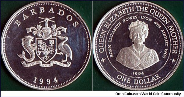 Barbados 1994 1 Dollar.

Queen Elizabeth the Queen Mother.