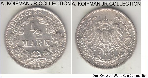 KM-17, 1916 Germany (Empire) 1/2 mark, Karlsruhe mint (G mint mark); silver, reeded edge; Wilhelm II, smaller mintage year/mintmark, bright uncirculated, reverse is a bit dirty.